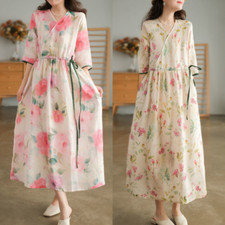 Women Summer Retro V-Neck Tie Waist Casual Loose Ethnic Midi Floral Dress