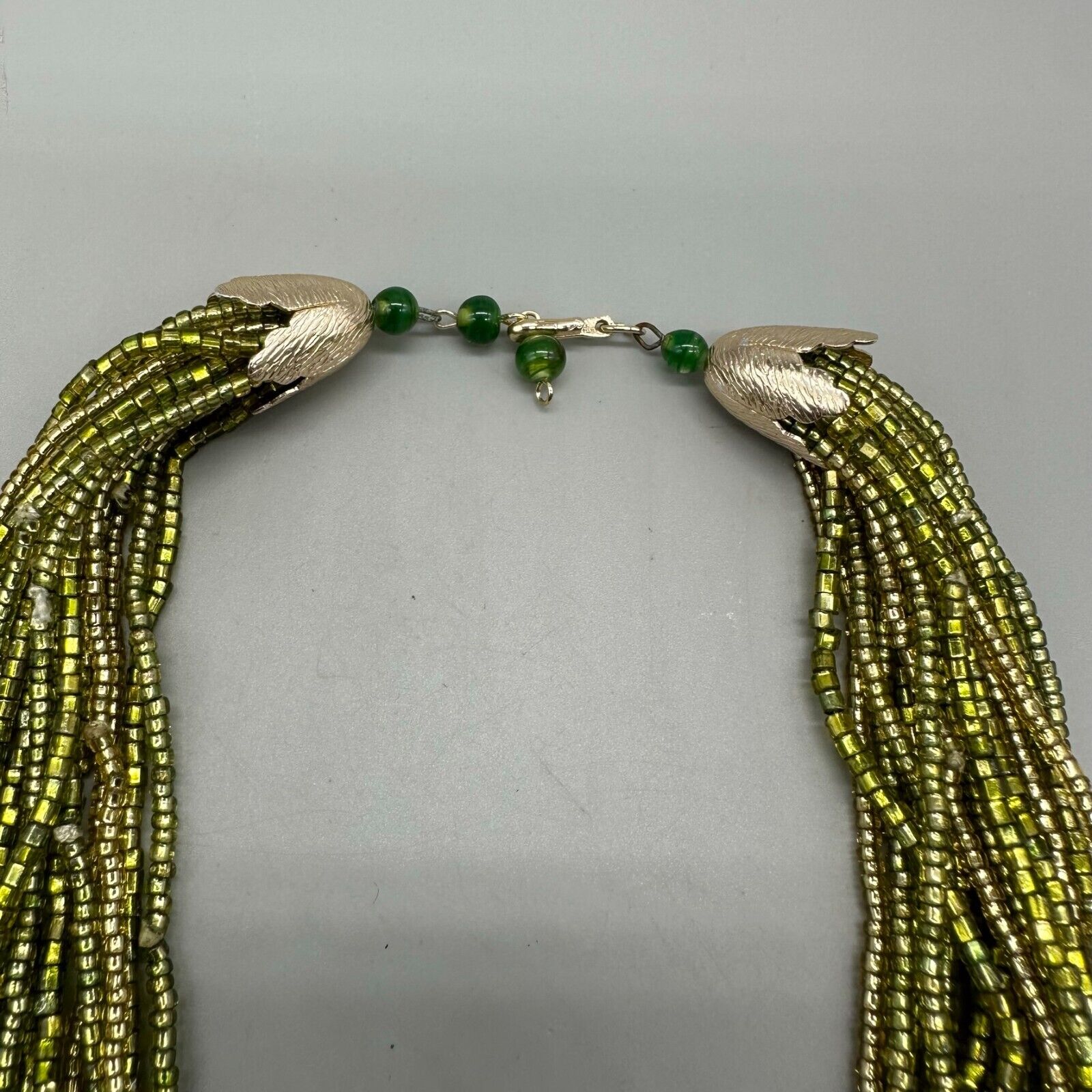 Vintage Necklace Gold Tone Green Seed Bead Multi … - image 10