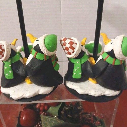 Holiday Christmas Penguin Family Taper Candleholders 6½"T Set of 2 Resin Metal - Picture 4 of 7