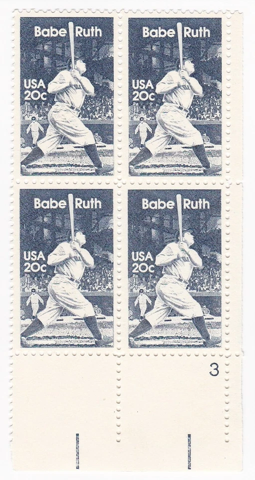 Plate Block of Four 1983 Babe Ruth 20c USA Stamps Mint NH Baseball Scott #2046 - Image 2 of 4