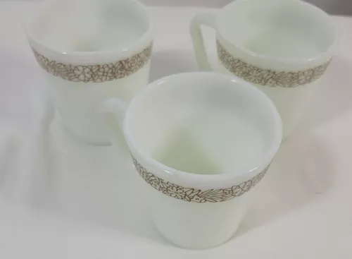 Vintage Pyrex Coffee Cups Woodland #1410 D Handle Milk Glass Brown Lot Of 3
