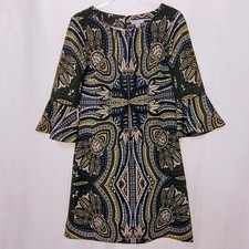 New York Company Stretch Wmn's Green Paisley Print Shift Dress Bell Sleeve Sz M