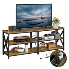 Industrial TV Stand with Power Outlet for 75" TV TV Table w/ 3-Tier Open Shelves