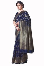 New Indian Women Banarasi Navy Blue New Design Saree With Blouse