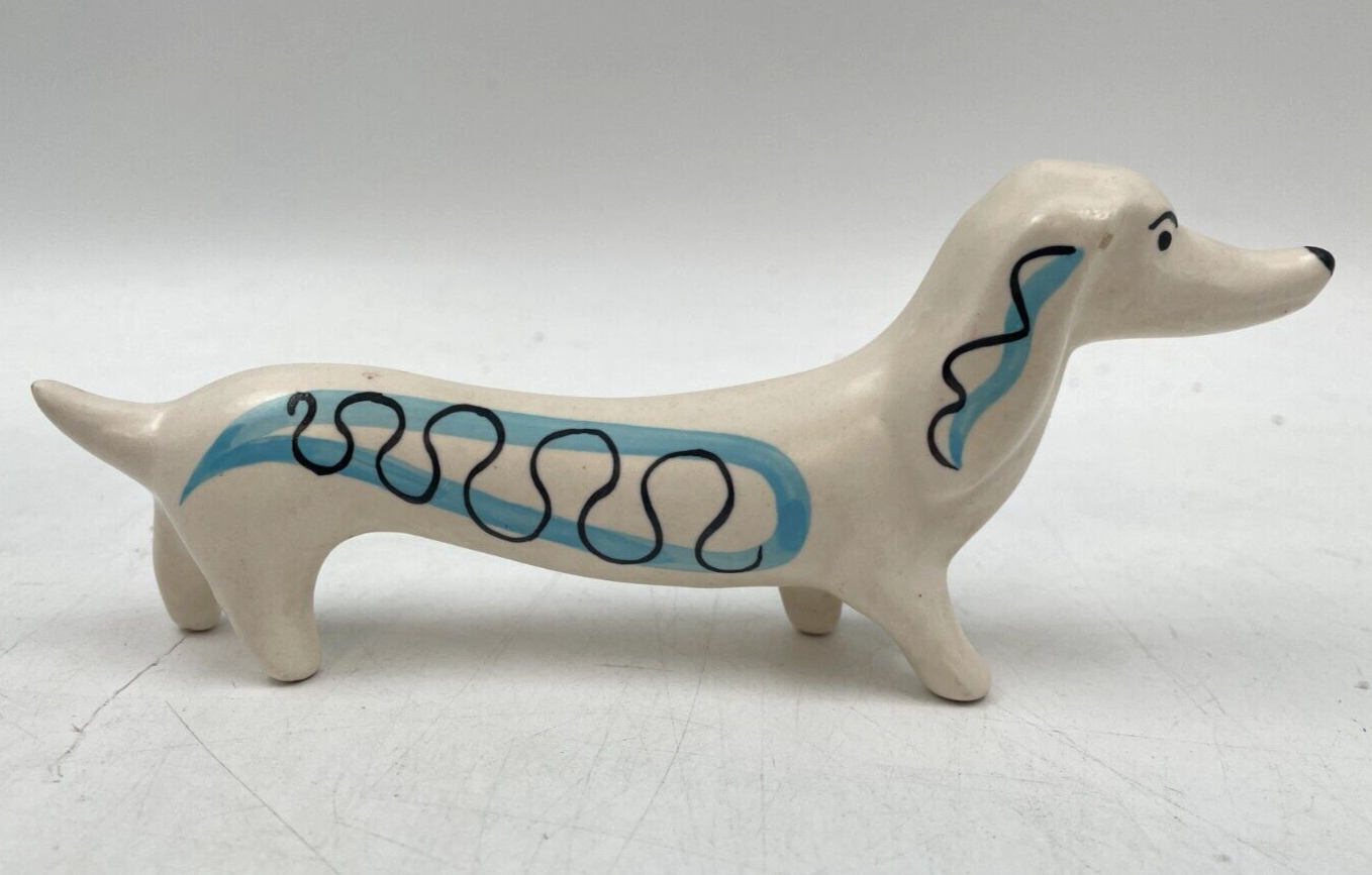 Vintage Dachshund Figurine Cream Blue Sausage Dog Ornament Kitsch T2955
