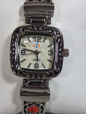 Canyon Sky Pearlized Dial Silver Tone Case Red Cabochon Open Cuff Band Watch 7in