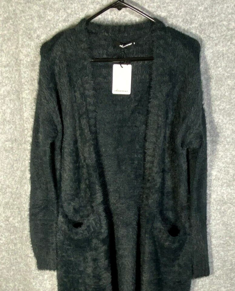 Casaco suéter feminino Olivaceous frente aberta comprimento S 38" preto malha difusa LS NOVO COM ETIQUETAS - Imagem 2 de 4