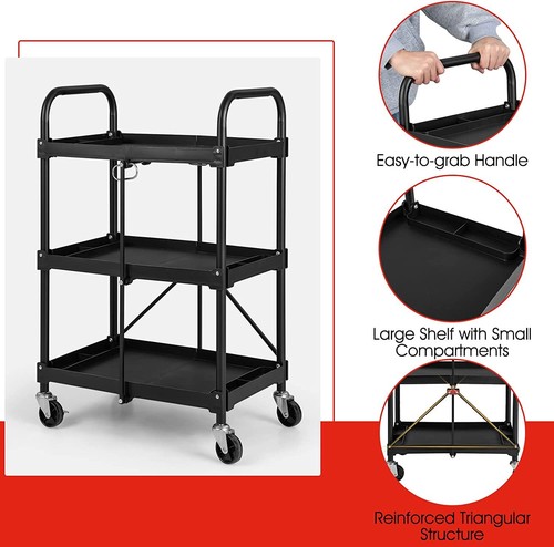 GYMAX Klappbarer Werkstattwagen – 3 Etagen, 61x44x96 Cm, 15 Kg Tragkraft Pro Fach, Schwarz, Mit 4 Rollen