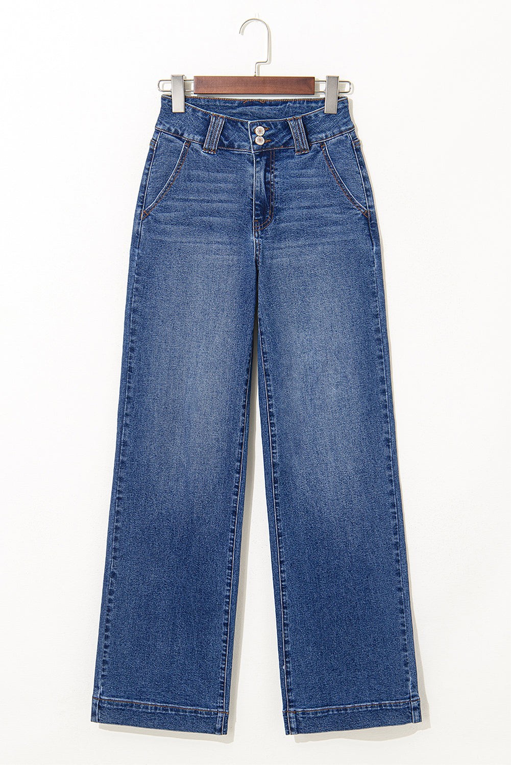 Double Button Jeans 12 Straight Leg Blue High Waist Cotton Stretch Denim UK 12 image 4