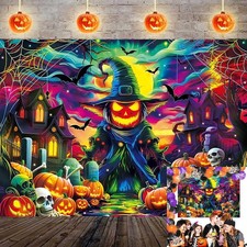 Halloween Pumpkin Photo Backdrop Colorful Scary Moon Skull Graveyard Background
