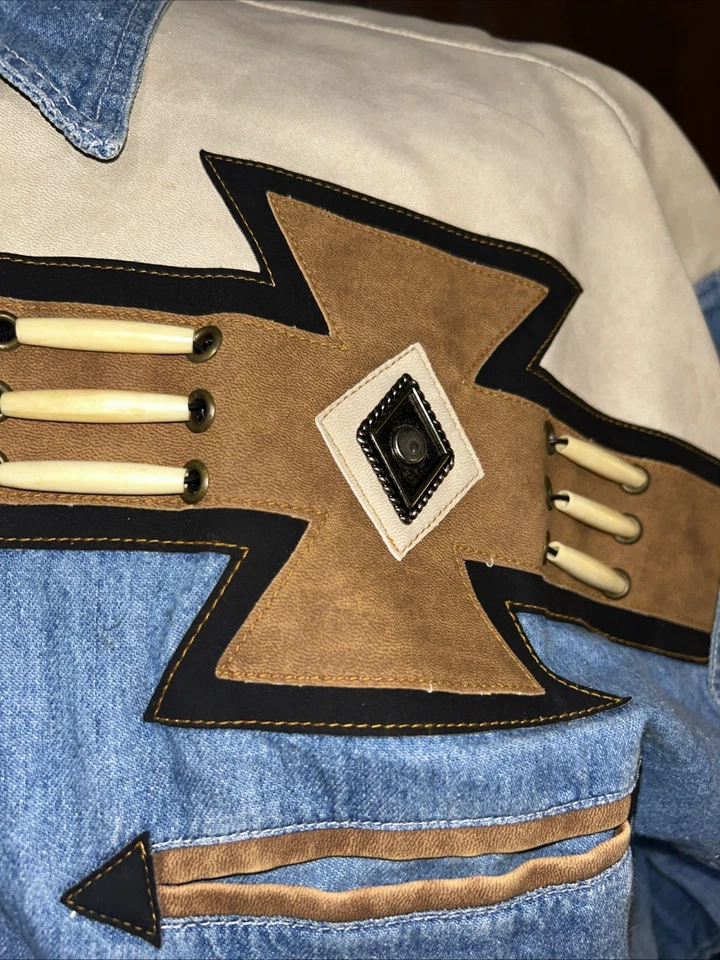 Mens Vintage Rivergold Denim Shirt Lg XL  Faux Lthr Pearl Snaps Southwestern - Image 4 of 4