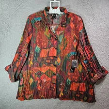 NEW Ali Miles Shirt Top Women 2X Button Up Painting Print Maroon Orange Tone