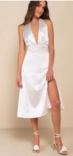 Lulus Timeless Glam White Satin Halter A-Line Midi Dress Size Medium