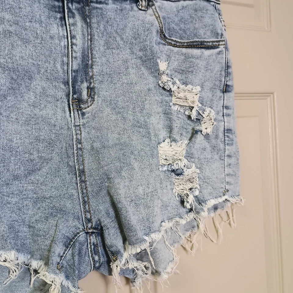 Pantalones Cortos Jean Corte Talla 18 Lavado Ligero Envejecido Rasgado Dobladillo Crudo Algodón Spandex Foto 4 de 4