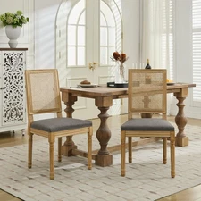 Set of 2 Wood Dining Chair Linen Upholstered Dining Chair w/ Rattan Back Gray