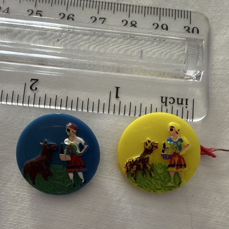 Antique glass Lot of 2  hand painted Shank Buttons Girl & sheep