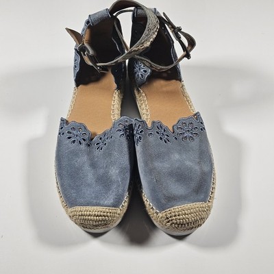 Crown Vintage Blue Suede Espadrille Flat Ankle Strap Size 9