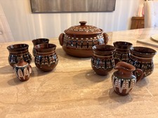 Vintage Bulgarian Troyan terracotta cooking pot Hand Painted And Vases Set 
