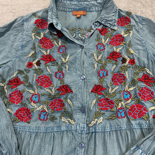 Scully Womens Blue Embroidered Floral Button Up Blouse Peplum Top Small Rodeo - Picture 2 of 14