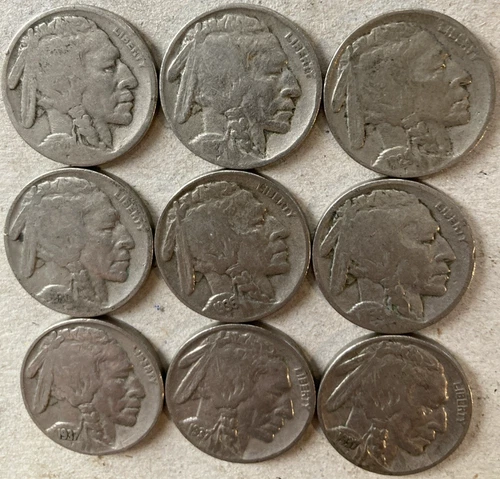 BUFFALO NICKELS FULL DATE 9 PER LOT: 1920 ; 27; 29; 30; 36D; 36D; 37; 37 ;37D .