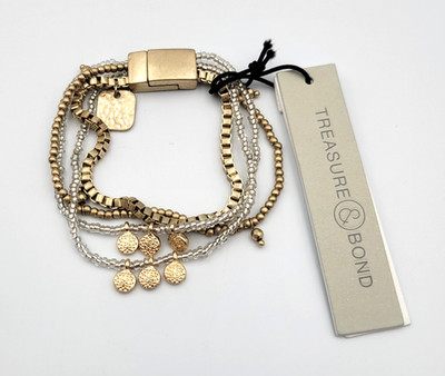 NWT Treasure Bond Layered Matte Gold Tone White Bead Chain Bracelet Nordstrom 7''