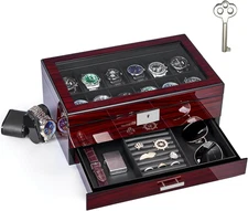 12 Slot Watch Box for Men with Lockable Lid, Jewelry Storage Organizer Case
