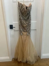 Terani Couture Women's Prom Gown Size 14 Strapless Dress Gold With Rhinestones