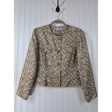 Papell 100 Silk Blazer Tan Cream Geometric Print Gold Button Cropped 12 Petite