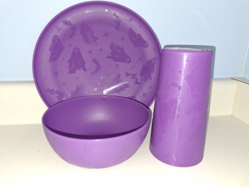 Menge 3 Mainstays Halloween Geschirr geätzt Geist lila Teller Schüssel Tasse NEU