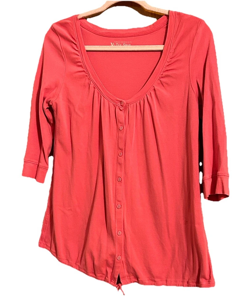 VS Tee Shop Mujer Grande Rosa Manga 3/4 Henley Túnica Algodón Camisa Foto 3 de 4