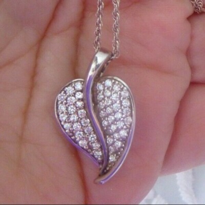 Sterling Silver Pave' Leaf Made w Swarovski Crystals 16'' Fancy Rope Chain in Box