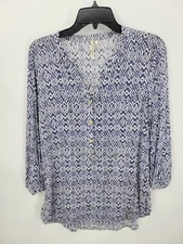 Grand and Greene Top Womens Large Blue White Geo Print Artsy Boho Peasant Blouse