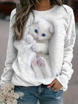 Womens Plus Size Sweatshirt Cat Print Hoodies Long Sleeve Pullover Tops Loose