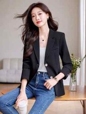 Giacca da Tailleur Blazer Donna Ufficio Elegante Raso Slim Nero 20206