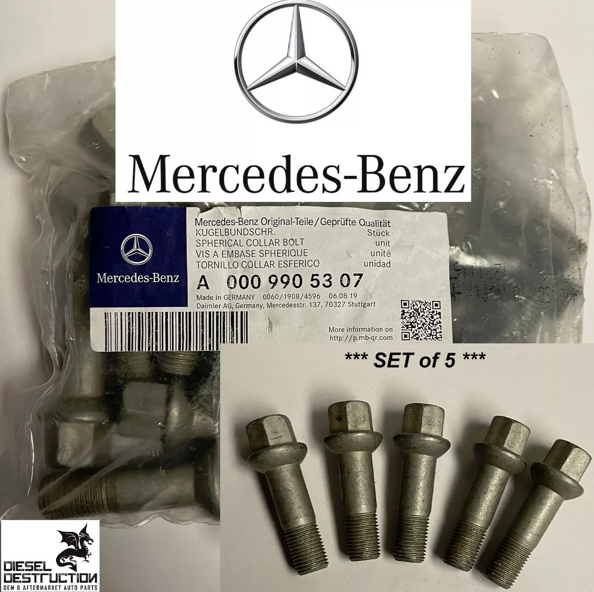Set of 5 Genuine Mercedes Benz Wheel Bolts OEM# 000-990-53-07 Made 
