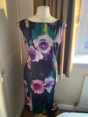 Coast Kleid Gr. 14 Damen tailliert Blumenkleid mit Reißverschluss an der Seite & Schlitz ohne Etikett