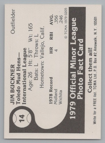 Jim Buckner 1979 TCMA Toledo Mud Hens - Picture 2 of 2