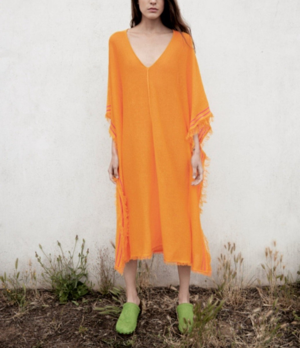 Zara Long Mango Orange Pink Fringed Linen Knit Kaftan Dress Size XS-S  Oversized