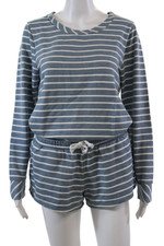 Chaser Womens Cotton Striped Drawstring Waist Shorts And Top Set Blue Size M