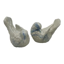 Vintage Hand Painted Ceramic White W/ Blue Dove Bird Figurines  3” - 3.5” Tall