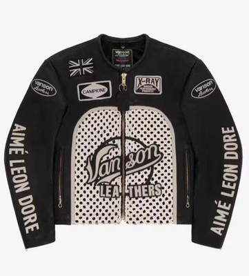 Aimé Leon Dore Vanson Leather Jacket   Cream Racing Style   Rare Collab