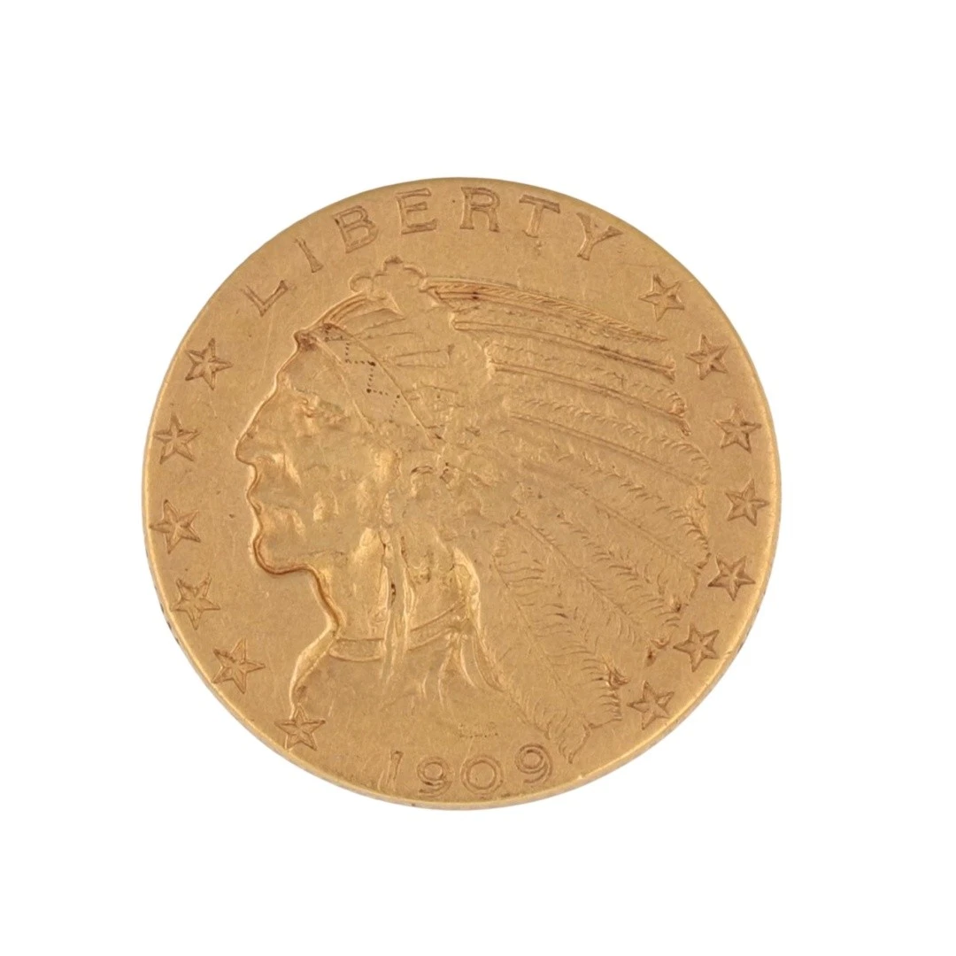 1909 Indian Head Half Eagle $5 Gold Coin 90% Fine Gold Coin with