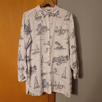 Cynthia Rowley Size L 100% Linen Button Down Blouse Tunic Top Beach White