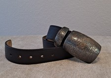 Streets Ahead - Black Leather Belt, Sculptural Silver Tone Buckle, Size 36" Med