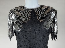 Vintage Scala Silk Beaded Sequin Dress, Small Petite, Keyhole Back Cocktail Prom