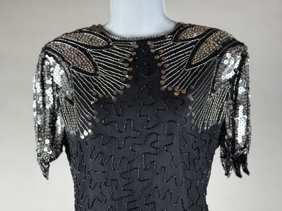Vintage Scala Silk Beaded Sequin Dress, Small Petite, Keyhole Back Cocktail Prom