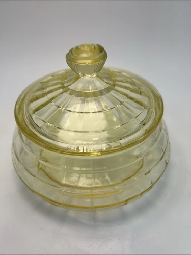 Yellow Depression Glass Round Candy Dish W/lid ￼Anchor Hocking 6”