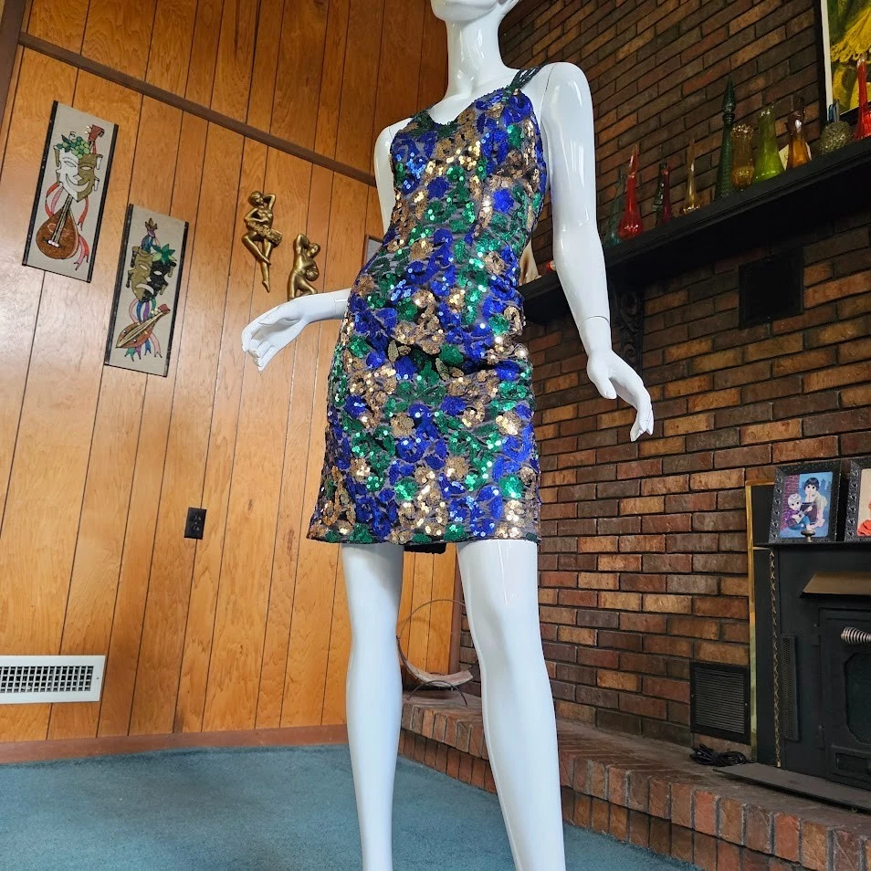 Vtg 80s Mardi Gras Sequin Strappy Cocktail Wiggle Mini Drag Ball Party Dress S/M - Image 4 of 4