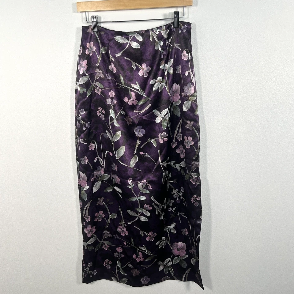 复古女式缎面中裙 11 码紫色花卉实用魔术 90 年代 Y2K — 第 2/4 张图片