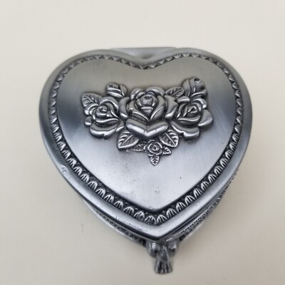Forever Rose In a Heart Shaped Pewter Jewelry Box - 4'' X 2''  - Missing Felt